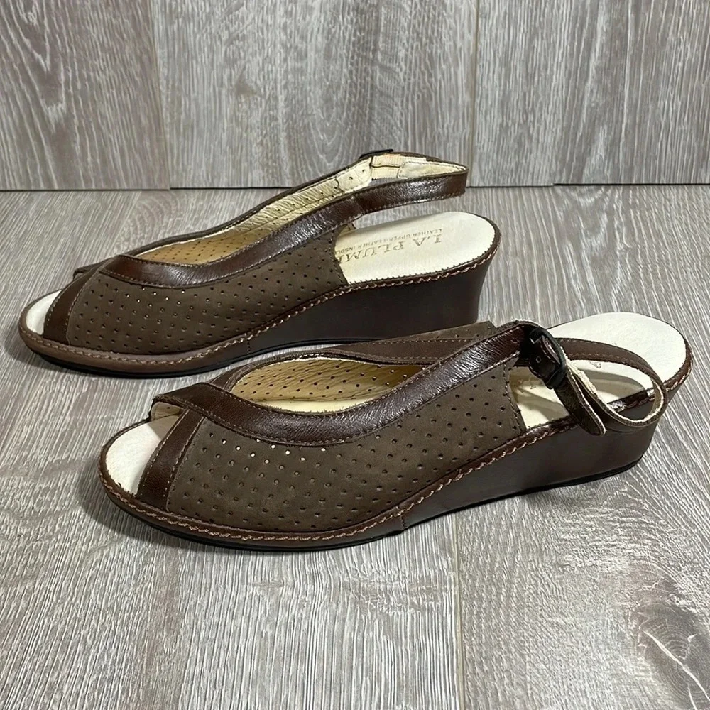 La Plume Leather Brown Slingback Wedge Open Toe Sandals 39 (9 US)